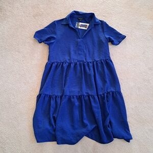 Tahari Babydoll Swing Dress Size Large Blue Short Sleeved Flowy Tiered NEW